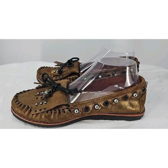 Coach Metallic Gold Moccasin 9 Bronze Roccasin Studded Leather Shearling Loafer - Picture 1 of 9